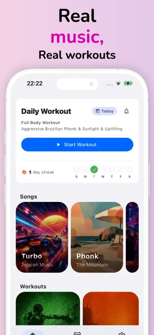 Daily workout screen with song selection and streak tracking
